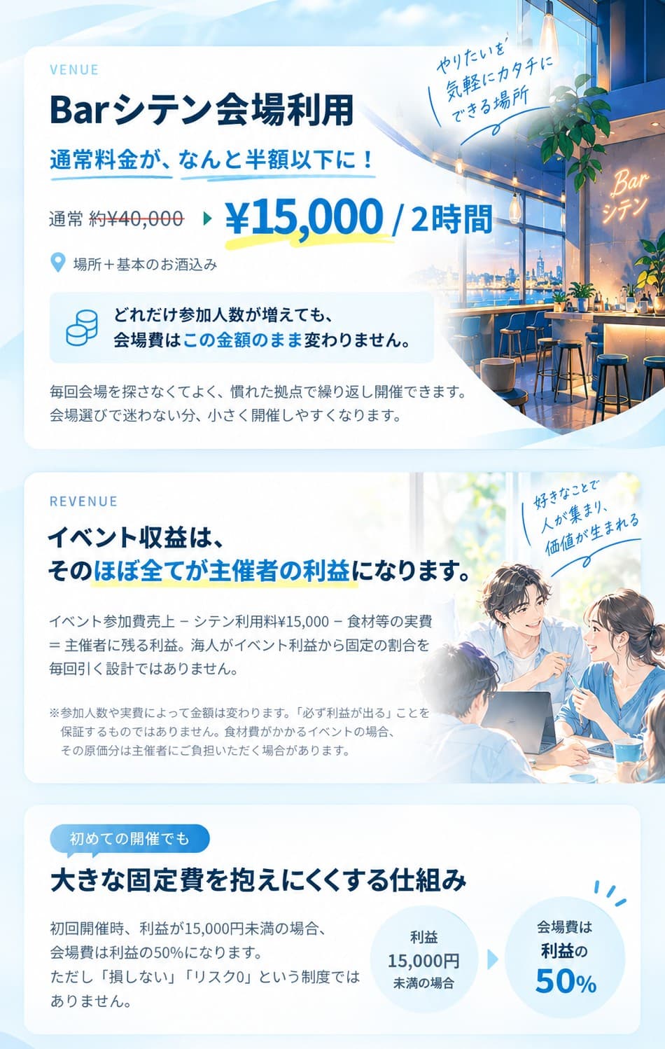 Barシテン会場利用。通常料金が、なんと半額以下に!イベント収益は、そのほぼ全てが主催者の利益になります。