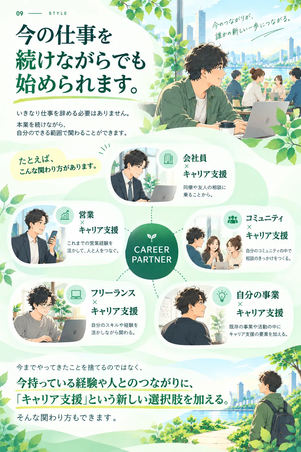 今の仕事を続けながらでも始められます。会社員、営業、コミュニティ、フリーランス、自分の事業とキャリア支援を掛け合わせる関わり方。