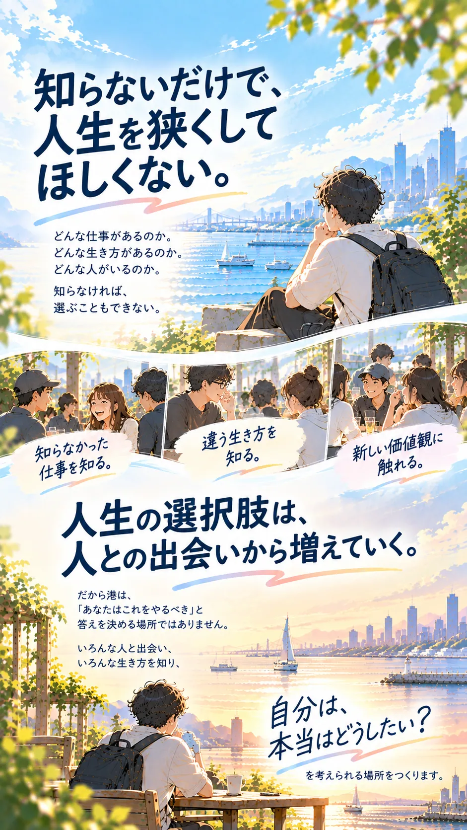 知らないだけで、人生を狭くしてほしくない。知らなかった仕事を知る。違う生き方を知る。新しい価値観に触れる。人生の選択肢は、人との出会いから増えていく。自分は、本当はどうしたい？を考えられる場所をつくります。