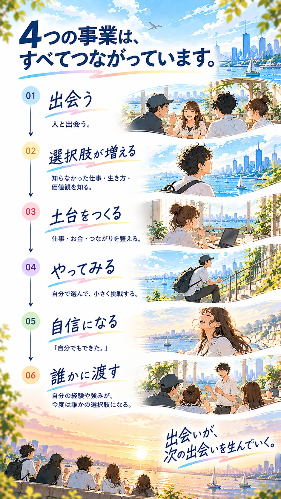4つの事業は、すべてつながっています。出会う、選択肢が増える、土台をつくる、やってみる、自信になる、誰かに渡す。出会いが、次の出会いを生んでいく。