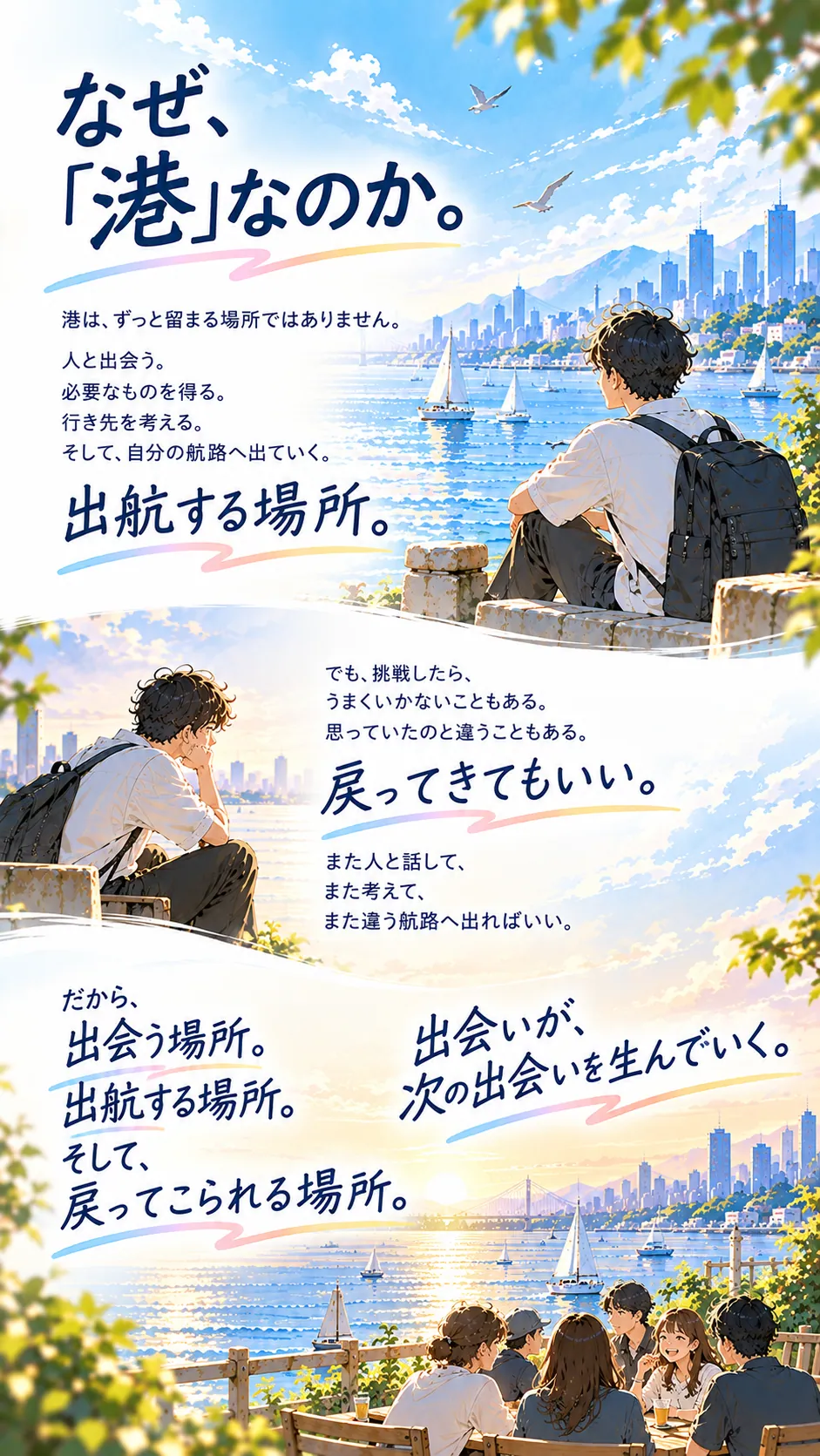 なぜ、「港」なのか。港は、出航する場所。戻ってきてもいい。出会う場所、出航する場所、そして、戻ってこられる場所。