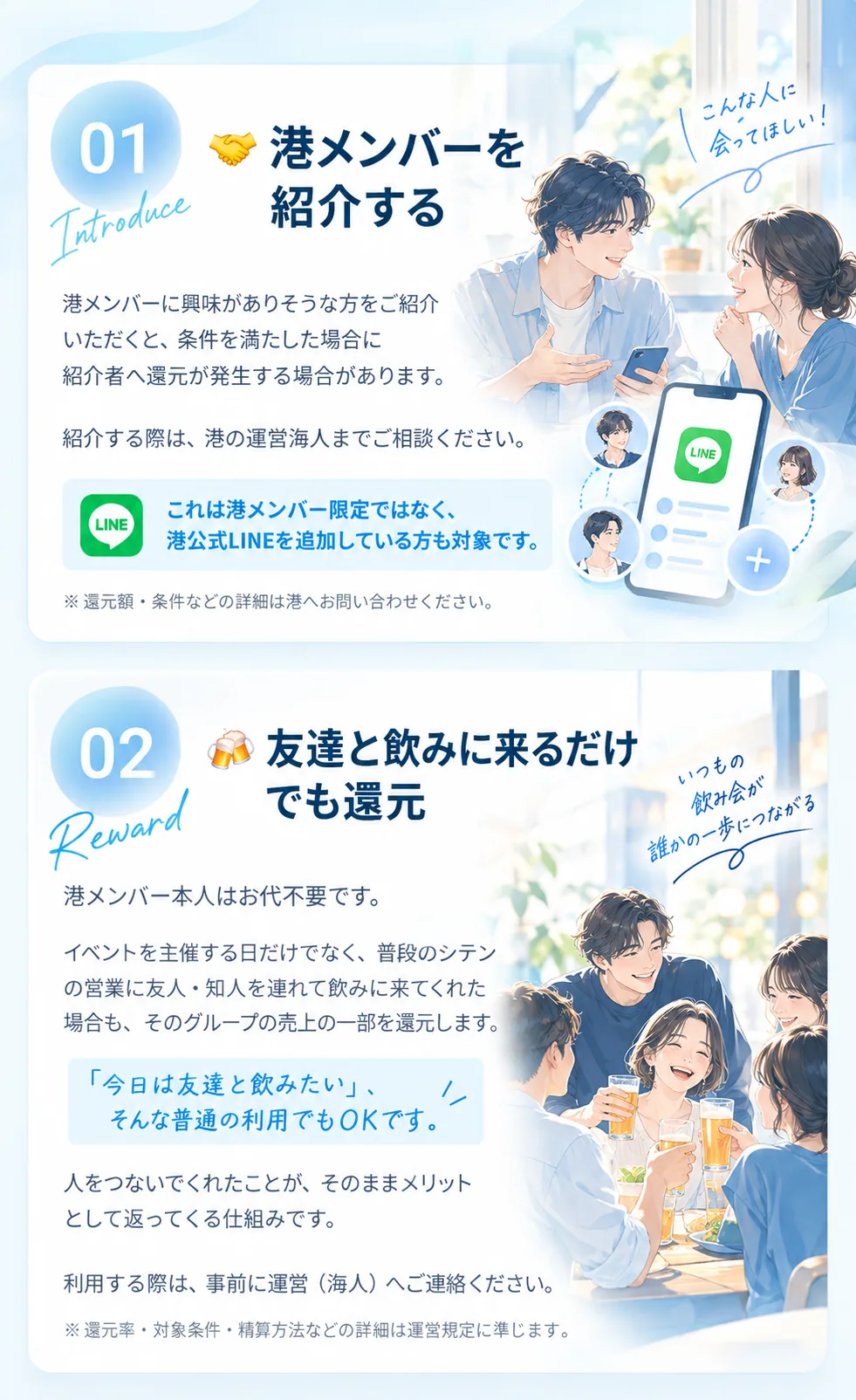 港メンバーを紹介する。友達と飲みに来るだけでも還元。