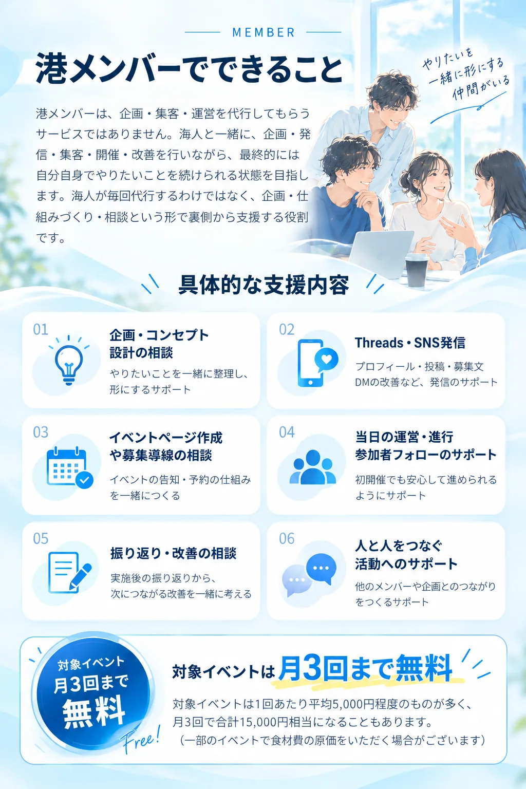 港メンバーでできること。具体的な支援内容。対象イベントは月3回まで無料。